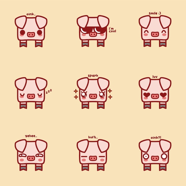 Vettore carino set di emoji di maiale kawaii