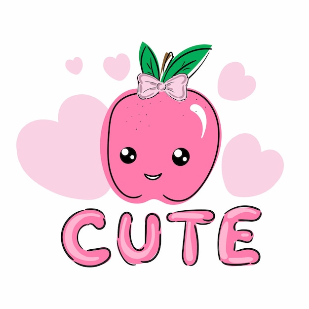 Cute kawaii pink apple with lettering and hearts on the white isolated background