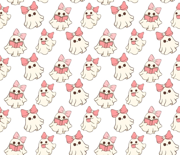 Vector cute kawaii pink halloween ghost sweet pattern seamless cartoon doodles
