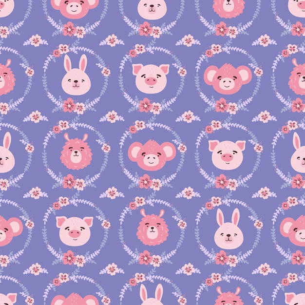 귀여운 귀여운 핑크 돼지 원숭이 토끼 라마 얼굴 머리 꽃 화 환 벡터 원활한 패턴 농장 동물