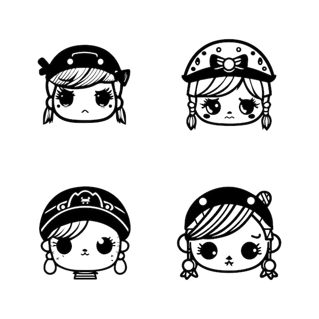 cute kawaii pirates head collection set hand drawn illustration