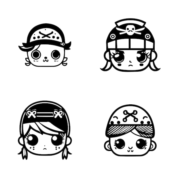 cute kawaii pirates head collection set hand drawn illustration