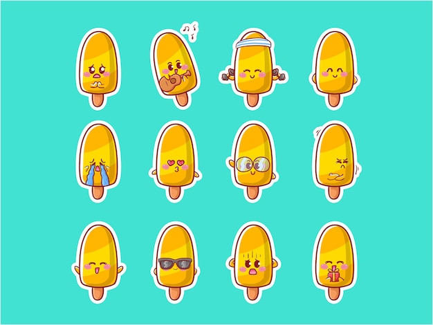 Vector cute kawaii popsicle ice character illustration various activity happy expression mascot badge set