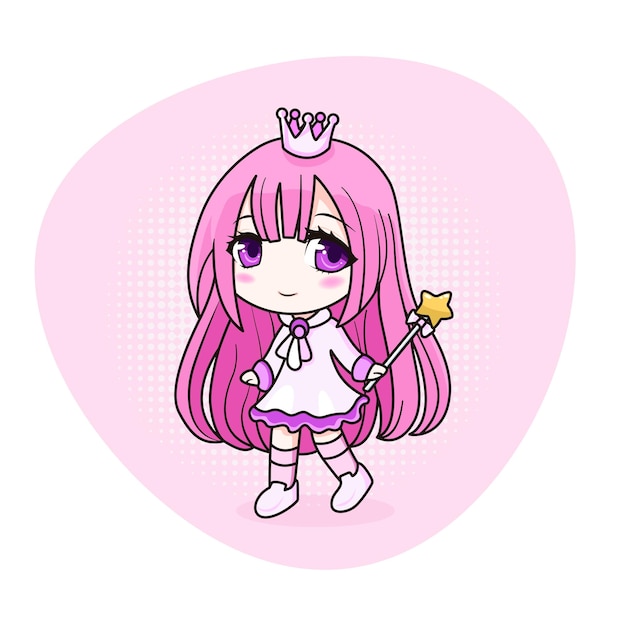 Cute and kawaii princess girl with pink hair. Happily manga chibi girl with crown. Vector art.