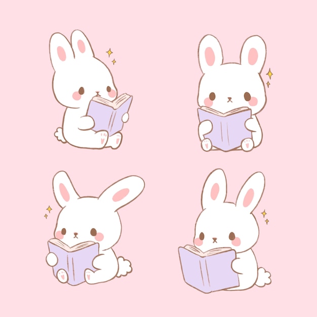 Cute kawaii rabbit reading book vector illustration bunny reading book in cartoon style hand drawn