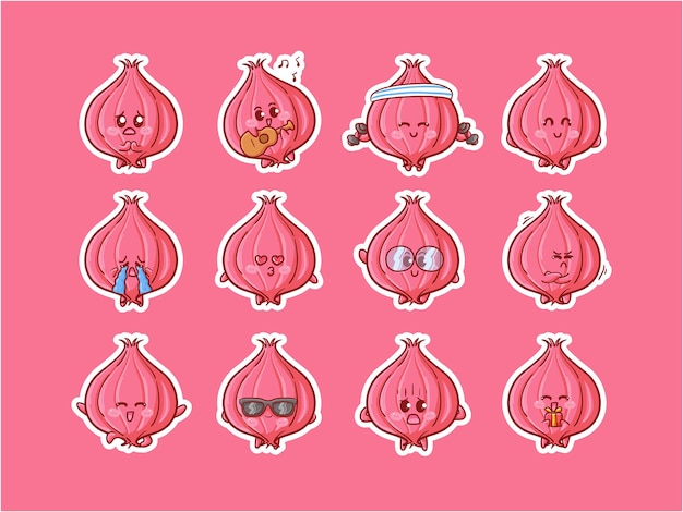 Vettore cute kawaii red onion character illustrazione varie attività set di badge mascotte happy expression