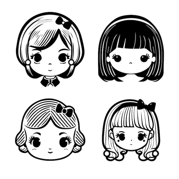 cute kawaii retro girl collection set hand drawn illustration