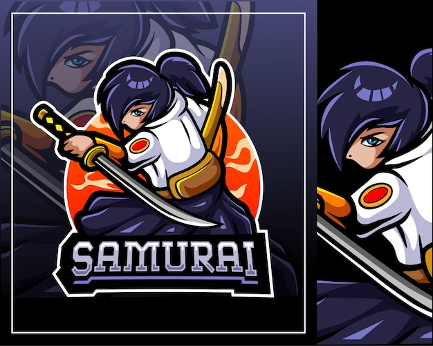 Vettore simpatico design del logo esport della mascotte del ninja del samurai kawaii