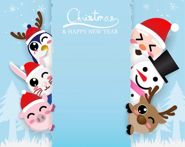 Cute kawaii santa claus and reindeer meeting in forest,digitalcraft,paper cut