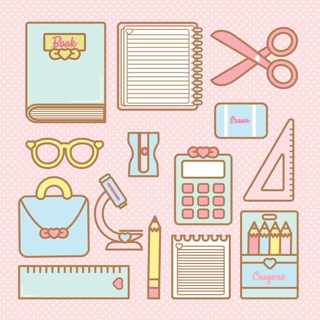 Various Kawaii Cute Stationery Set School Supplies Illustration Stock  Vector - Illustration of machine, concept: 213972969