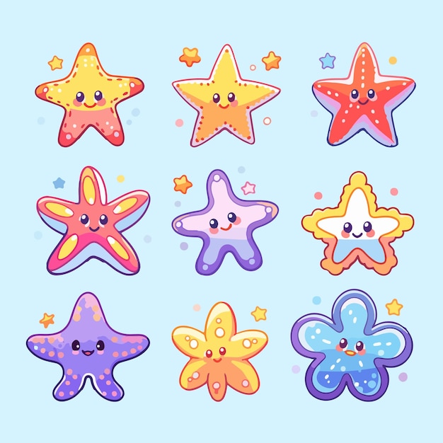 Vector cute kawaii sea starfish cartoon illustration collection
