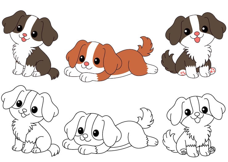 Vector cute kawaii set of dog isolated on white background cartoon character coloring page
