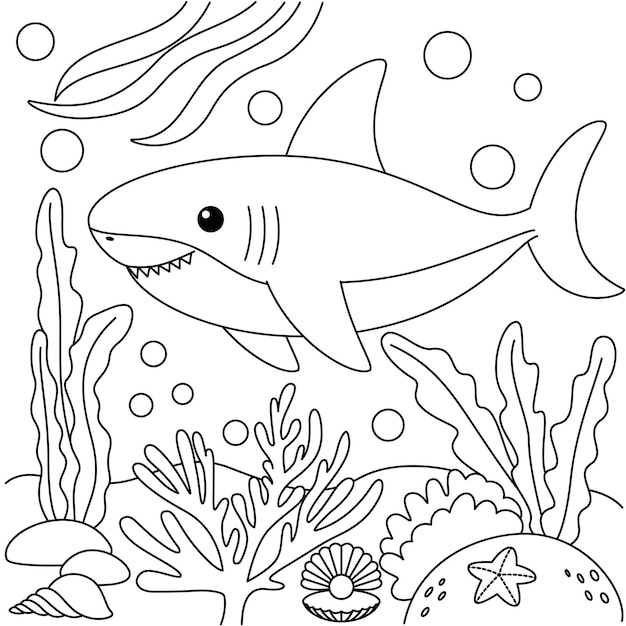 cute kawaii shark cartoon character coloring page vector illustration