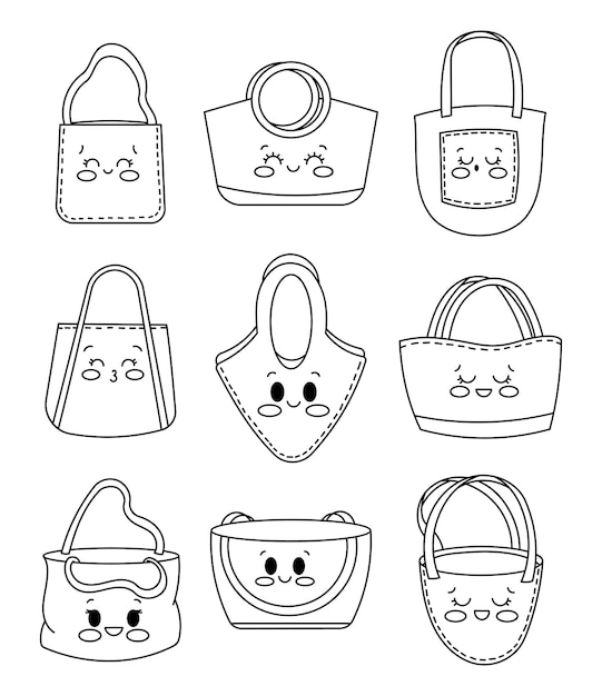 Vector cute kawaii shopping bag characters coloring page cartoon reusable grocery bags