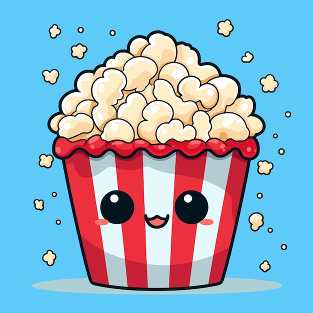 Vector cute kawaii smiling popcorn in basket in flat clipart style vector illustration