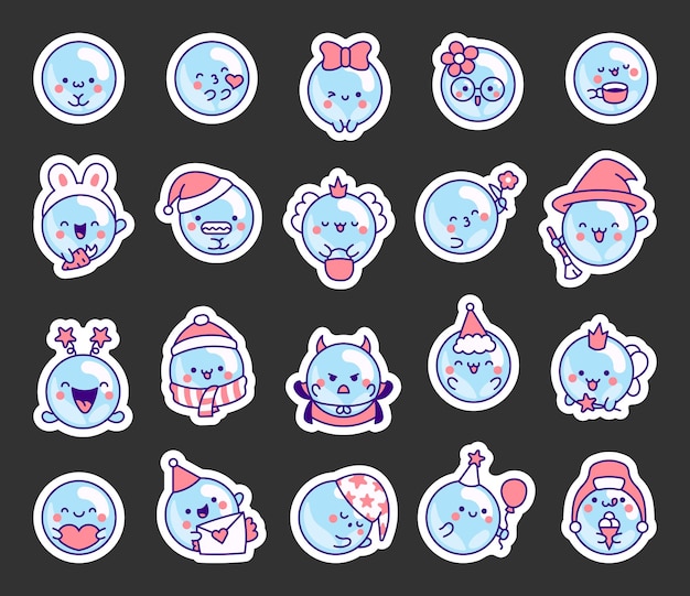 Vector cute kawaii soap bubble character sticker bookmark circle shape child bath mascot with face