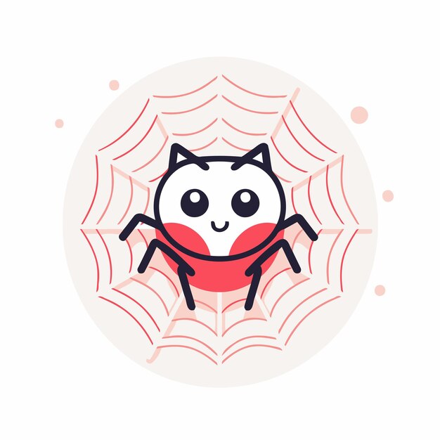 Cute kawaii spider on web Vector flat illustration