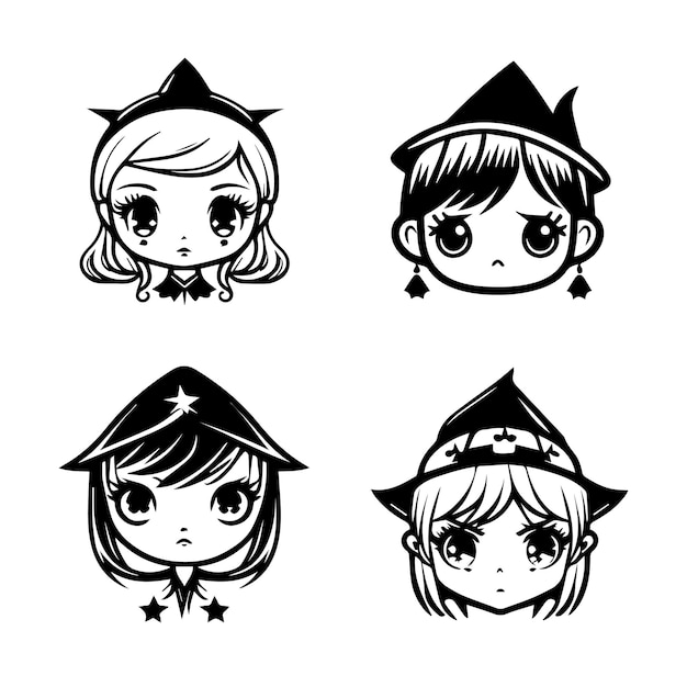 cute kawaii spooky witch head collection set hand drawn line art illustration