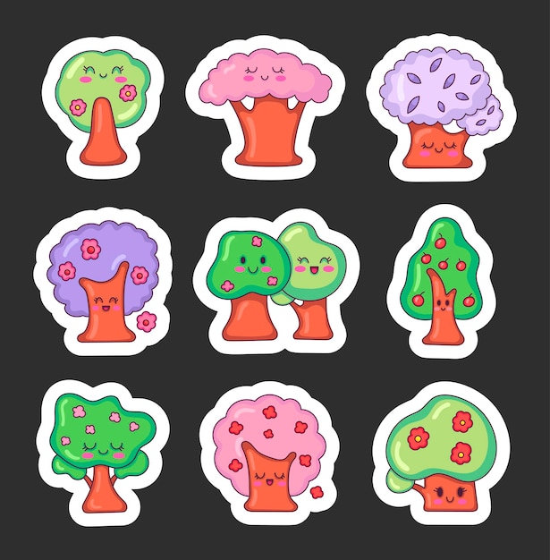 Vector cute kawaii spring tree sticker bookmark cartoon characters nature and environment