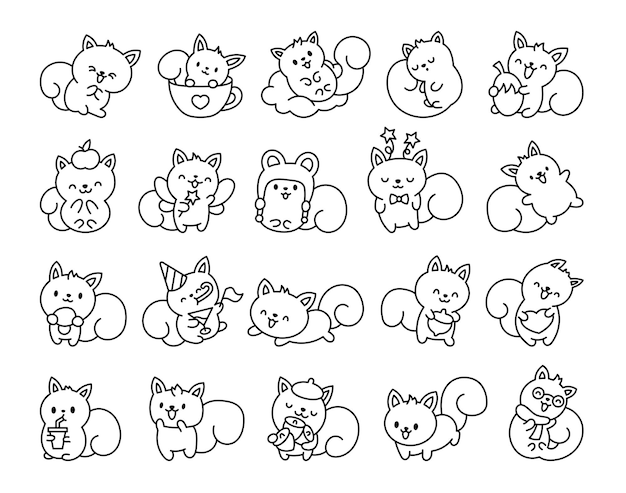 Cute kawaii squirrel Coloring Page Funny forest wild cartoon animal characters