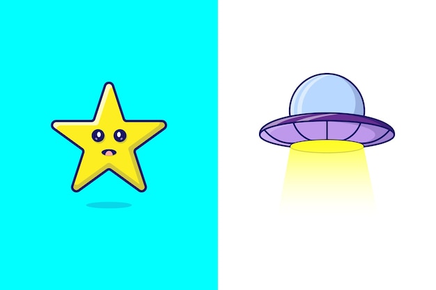 Cute kawaii star and alien spaceship vector illustration