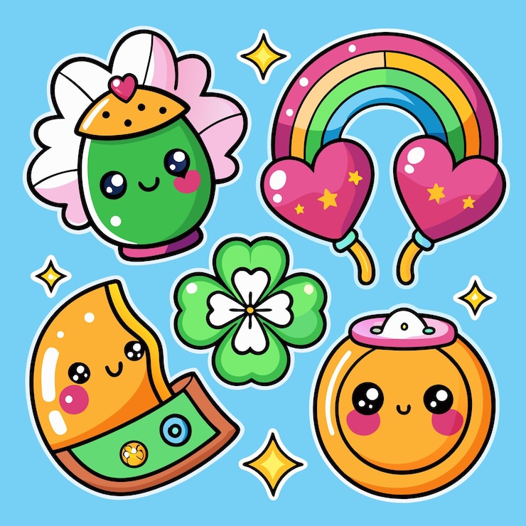 Vector cute kawaii stickers with rainbow hearts and stars