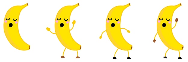 Cute kawaii style banana fruit icon, eyes closed, mouth open. version with hands raised, down and waving.