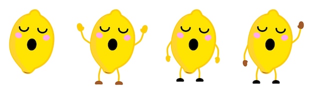 Cute kawaii style lemon fruit, eyes closed, mouth opened. Version with hands raised, down and waving.
