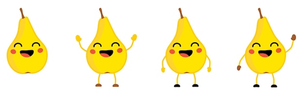 Cute kawaii style pear fruit icon, eyes closed, smiling with open mouth. version with hands raised, down and waving.