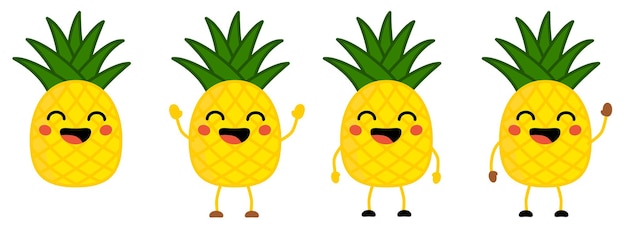 Simpatico stile kawaii icona frutta ananas, occhi chiusi, sorridente con bocca aperta. versione con le mani alzate, abbassate e sventolanti.