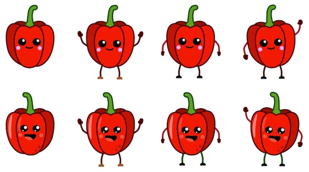 Cute kawaii style red bell pepper icon large eyes smiling Version with hands raised down and waving