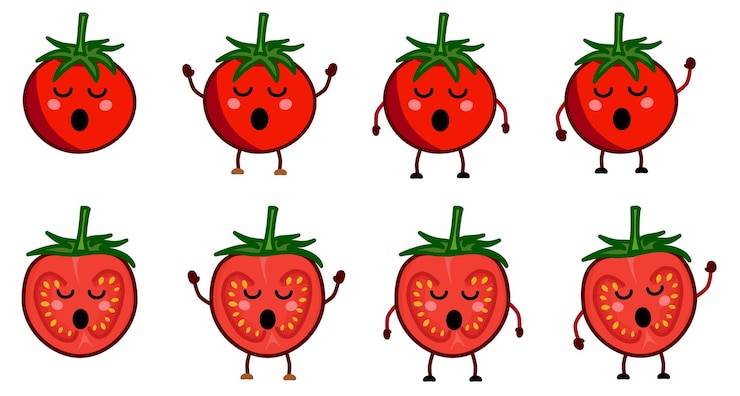 Vector cute kawaii style tomato icon, eyes closed, mouth open. version with hands raised, down and waving