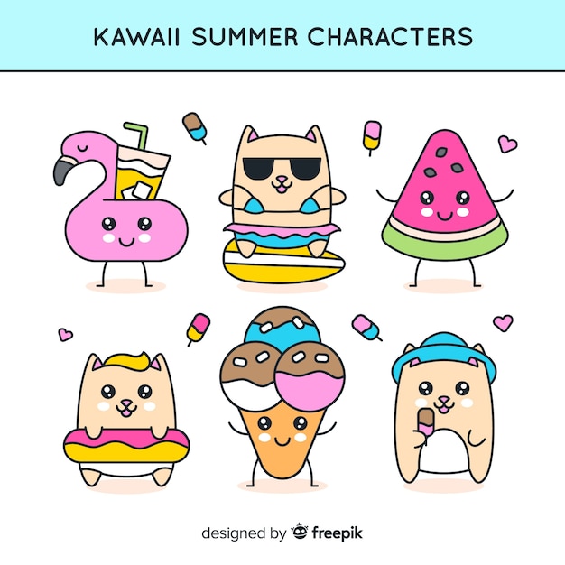 Collezione di simpatici personaggi kawaii d'estate