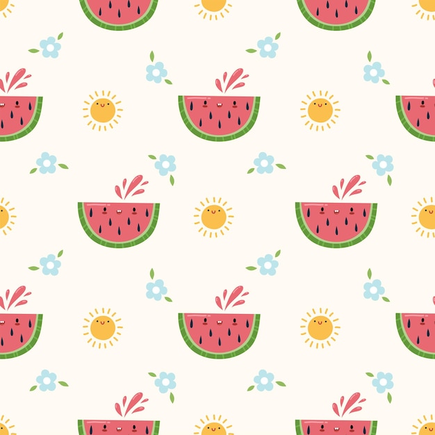 Cute kawaii summer fruit watermelon seamless pattern Kids cartoon character vector illustration