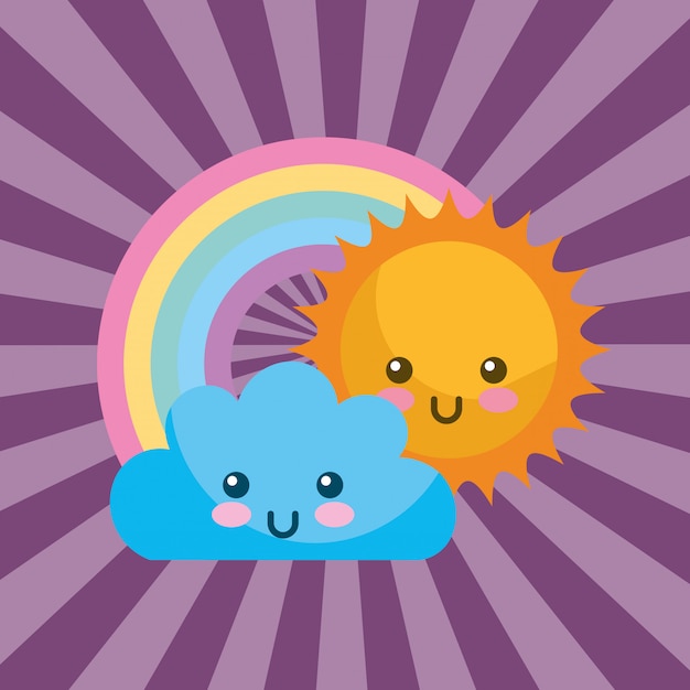 Vector cute kawaii sun cloud and round rainbow cartoon