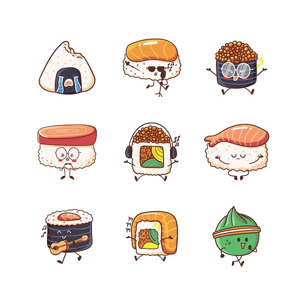 Cute and kawaii sushi character sticker set illustration