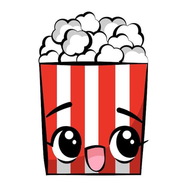 Simpatico personaggio di popcorn dolce kawaii in stile cartone animato.