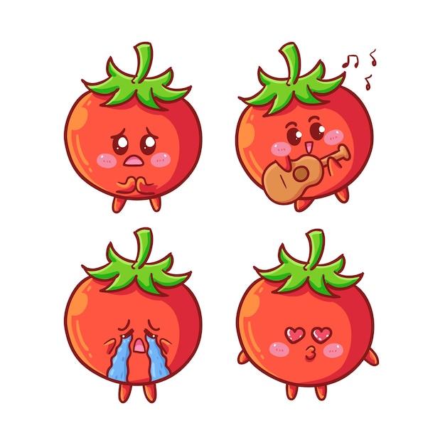Vector cute and kawaii tomatoes sticker set with various activity and expression