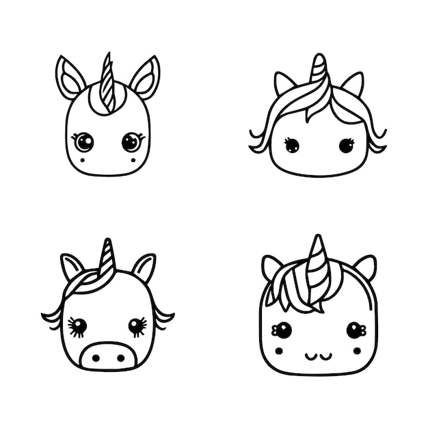 Vettore insieme disegnato a mano insieme sveglio della raccolta dell'unicorno di kawaii