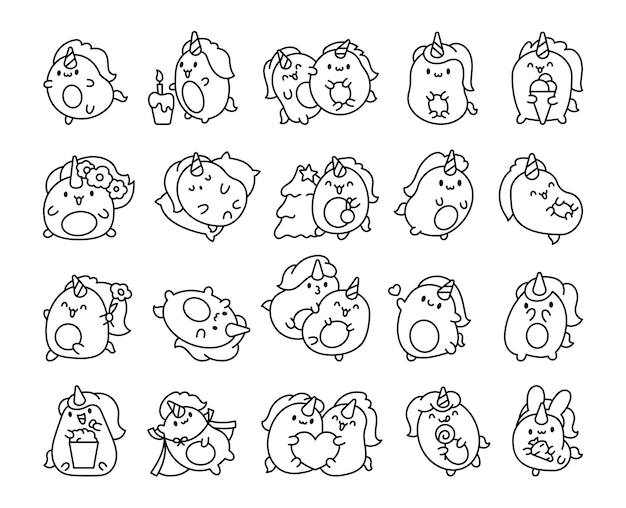 귀여운 카와이 유니콘 컬러링 페이지 동화 만화 행복한 포니 캐릭터 손으로 그린 스타일