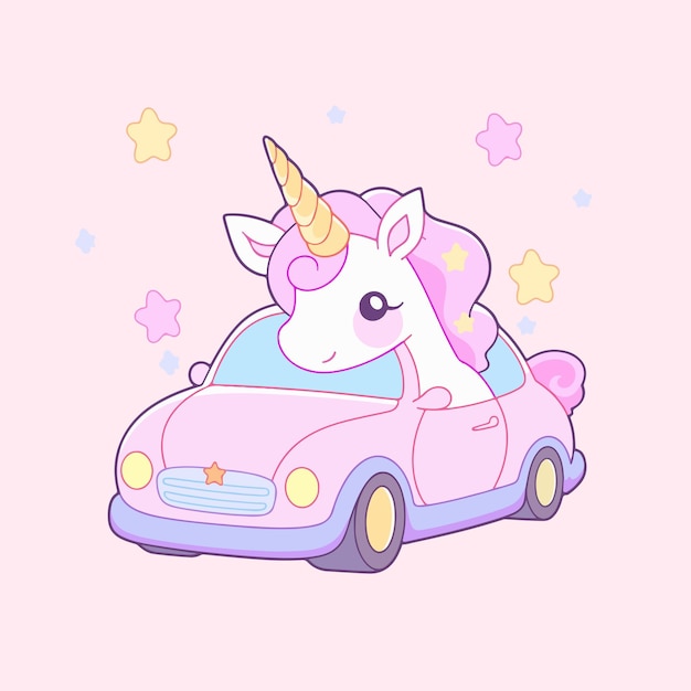 Simpatico unicorno kawaii alla guida di un cartone animato di illustrazione di gatto rosa