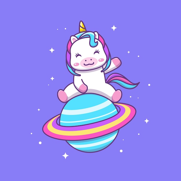 Simpatico unicorno kawaii seduto sull'illustrazione del fumetto del pianeta