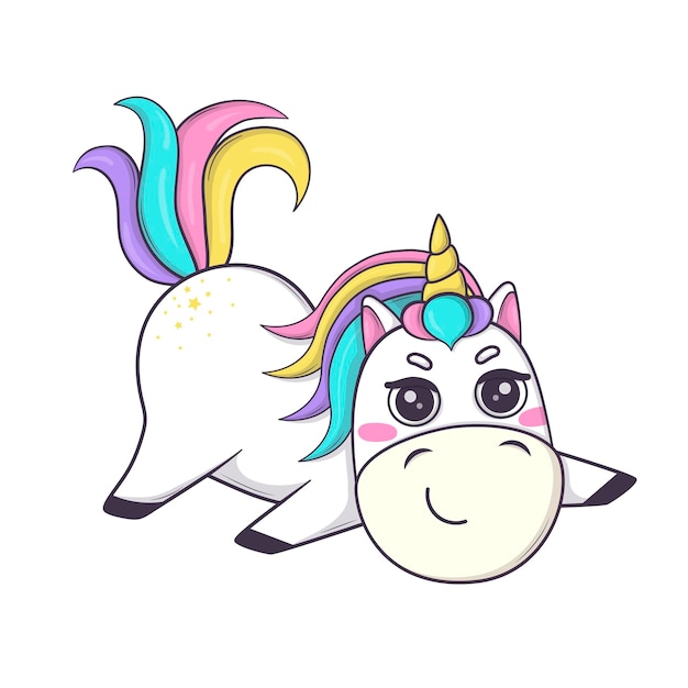 Vettore simpatico unicorno kawaii con criniera arcobaleno e corno in stile anime adorabile fantasia manga carino vettore arte magica fiaba creativa design