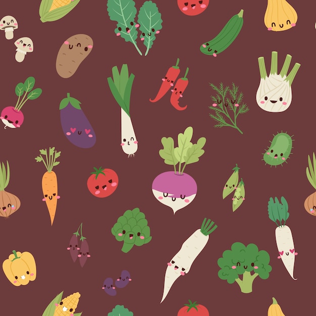 Cute kawaii vegetables mix with broccoli, carrot, tomato, pepper and onion, chili, eggplant, corn cartoon seamless pattern  illustration.