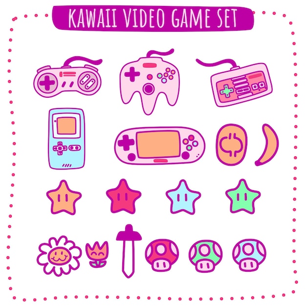 Vector cute kawaii video game set