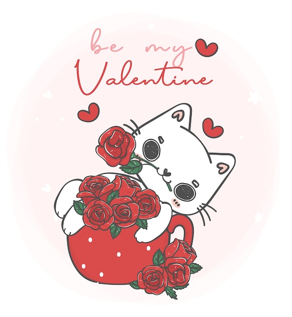 Vector cute kawaii white cat with bouquet of roses flowers in red mug be my valentine pet animal cartoon character hand drawing illustration vector