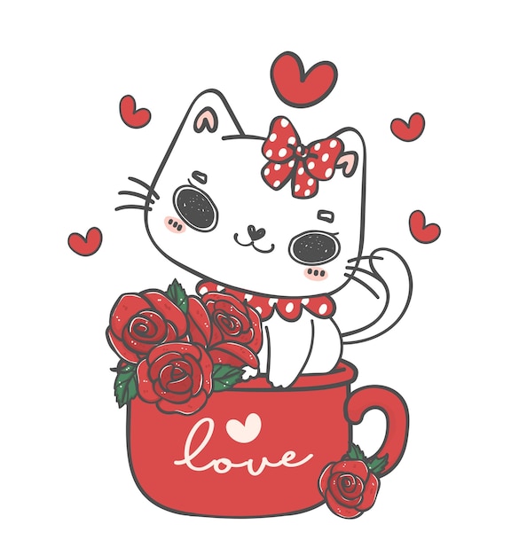 Il gatto bianco sveglio di kawaii con i fiori delle rose in tazza rossa ti ama il vettore dell'illustrazione del disegno della mano del personaggio dei cartoni animati dell'animale domestico