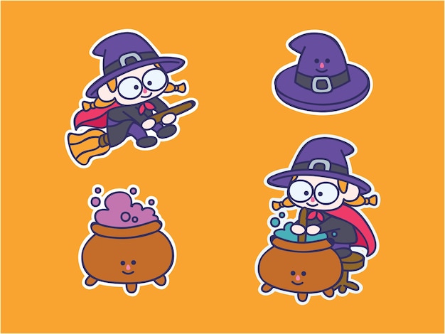 Cute and kawaii witch sticker illustration set