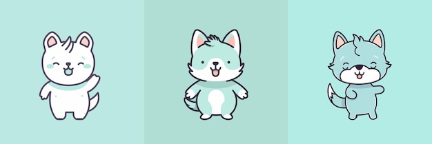 Cute kawaii wolf cartoon illustration