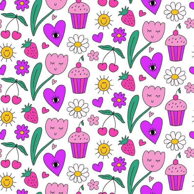 Cute kawaii y2k daisy seamless pattern background with smiling tulip flower heart with eye stars